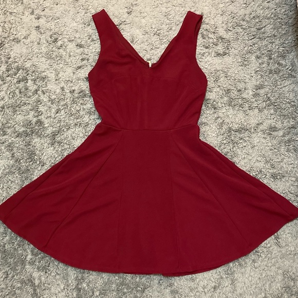 red v neck fit and flare dress